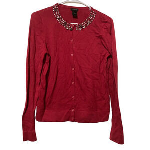 Ann Taylor Womens Cardigan Sweater Red Long Sleeve‎ Jewel Neck Rhinestone Knit S